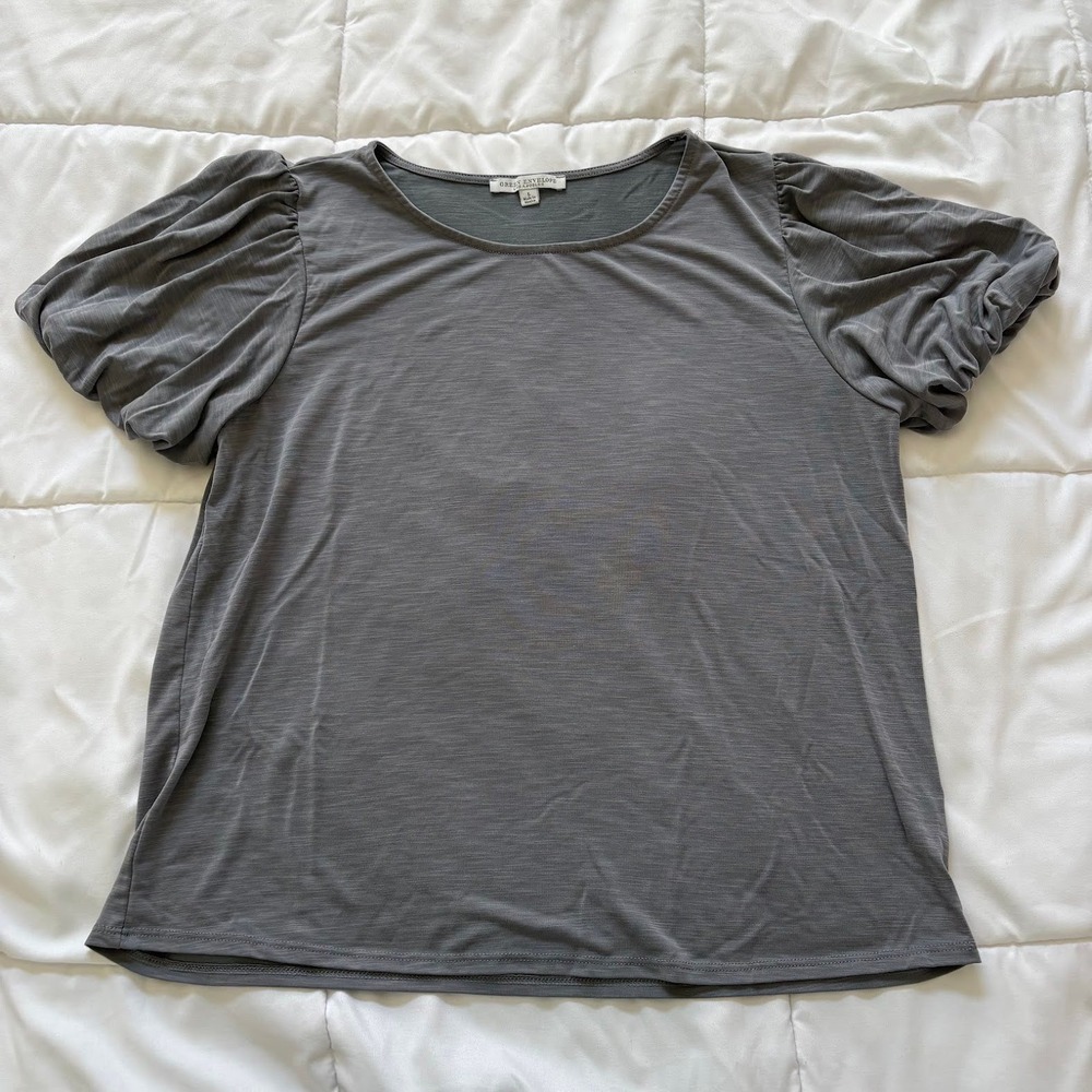 Gray Puff Bubble Sleeve Knit Top Womens Large Soft Power Heritage Prep Corpcore